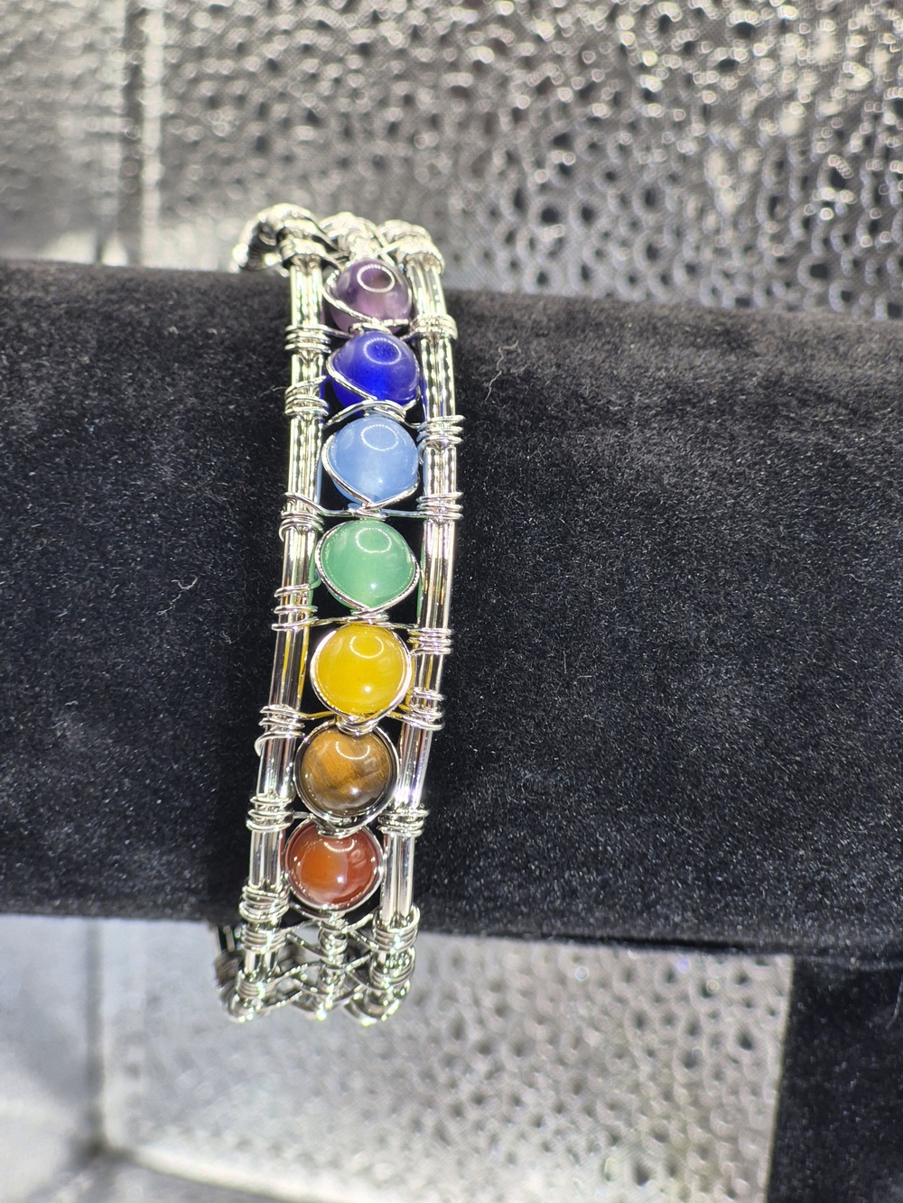 Seven-Chakra Multicolor Wire-Wrapped Bracelet - Silver Tone